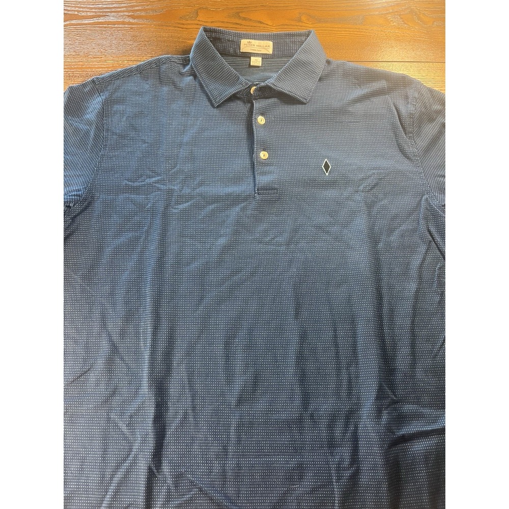 Peter Millar Polo Shirt Men XL Blue Polka Dot Diamond Logo Golf Performance